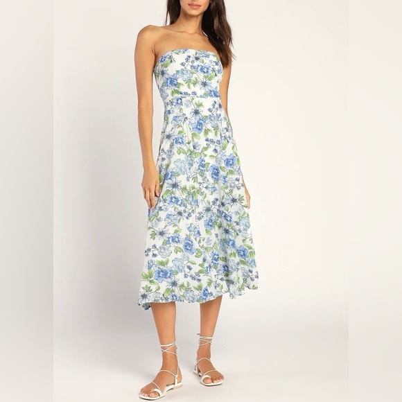 Lulus Dresses & Skirts - Lulus Sunday Lovin' White Floral Strapless Midi Dress Women’s Small Blue Spring